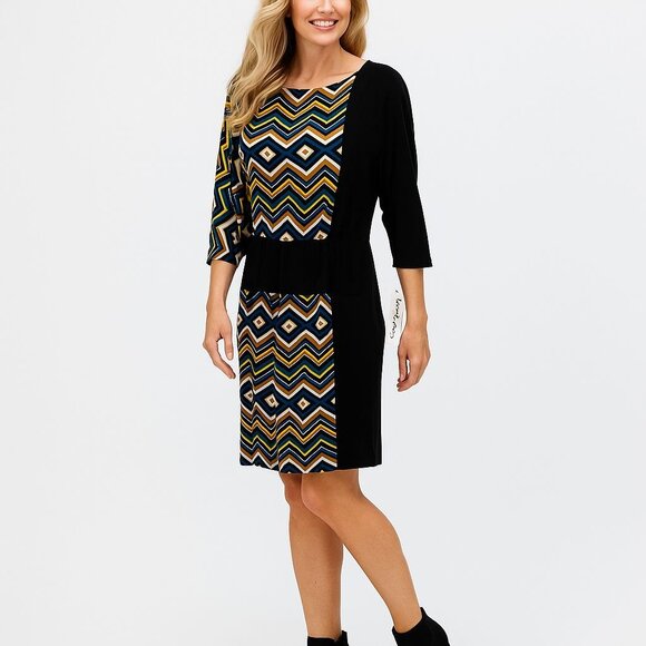 2/$30 Maggy London 8 Geometric Chevron Dress Multi-Color & Black 3/4 Sleeve NWT - Picture 1 of 12
